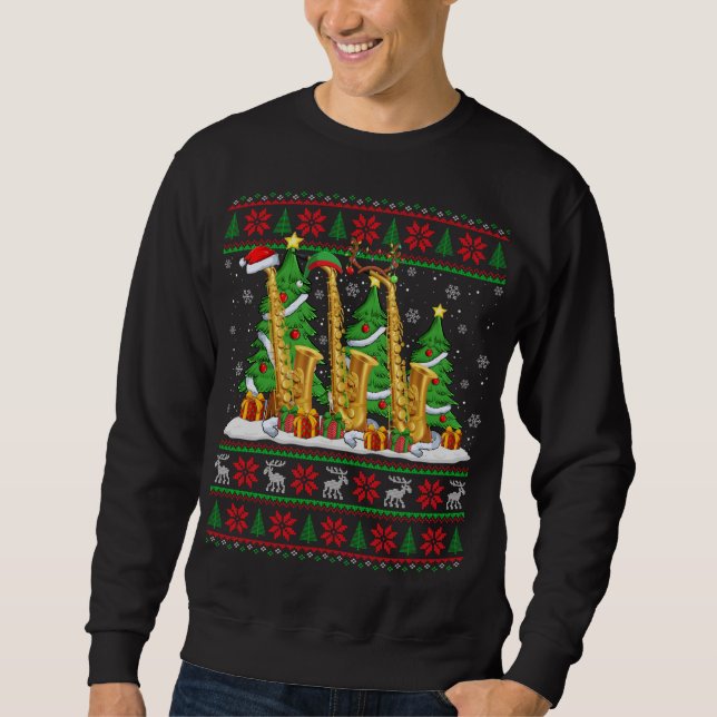 Ljus Julafton Sweater Stil Ugly Santa Saxophone Ch Lång Ärmad Tröja (Framsida)