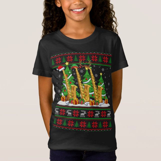 Ljus Julafton Sweater Stil Ugly Santa Saxophone Ch T Shirt (Framsida)
