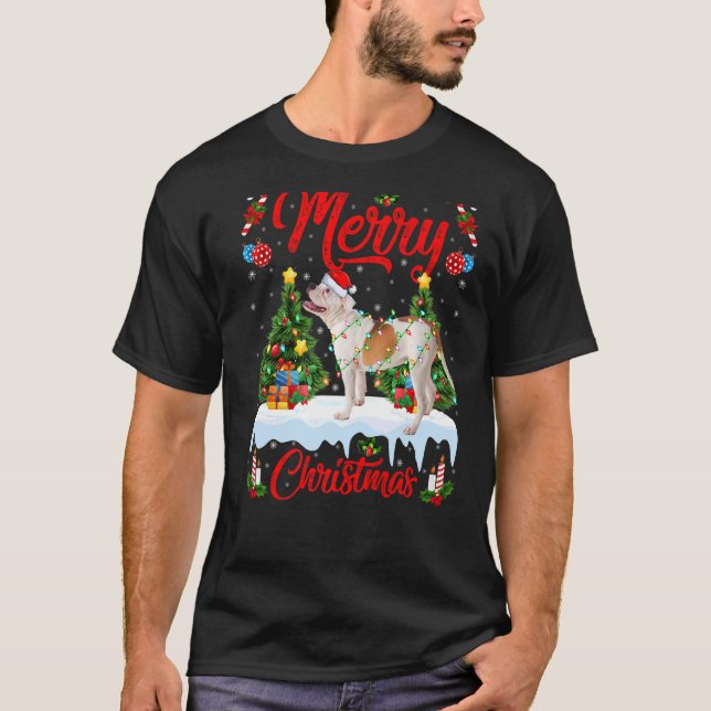 Ljus Julafton Träd Santa American Bulldog jul T Shirt (Framsida)