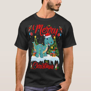 Ljus Julafton Träd Santa Brontosaurus Dinosaur Chr T Shirt
