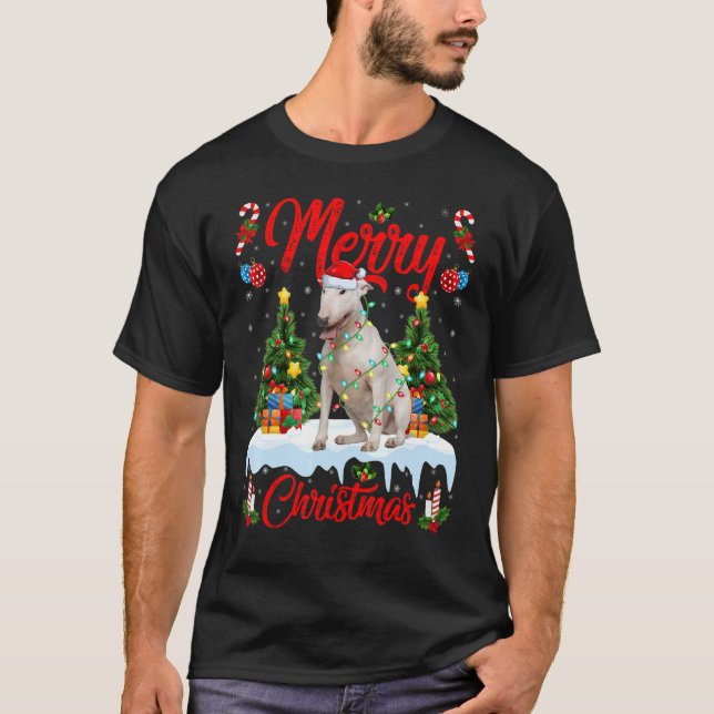 Ljus Julafton Träd Santa Bull Terrier Hund jul  T Shirt (Framsida)