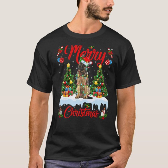 Ljus Julafton Träd Santa German Shepherd Hund Chri T Shirt (Framsida)