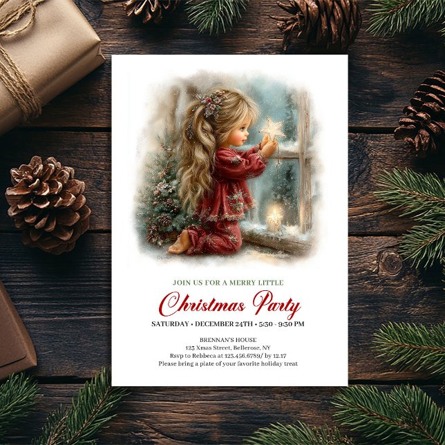 Ljus julscen flicka rustik julinbjudan inbjudningar (Bright Christmas Scene Girl Rustic Holiday Invite

)
