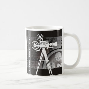 Ljus kamera, mugg för kaffe för handlingfilmtema