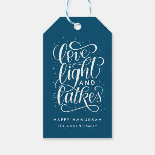 Ljus kärlek och Latkes på blått Hanukkah Presentetikett
