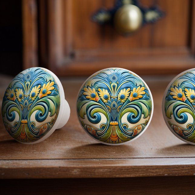 Ljus Keramisk Knopp med Blommotiv (Skapare uppladdad)