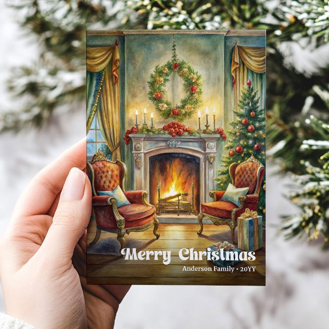 Ljus klassisk julscen med mysig interiör julkort (Bright classic Christmas scene with cozy interior)