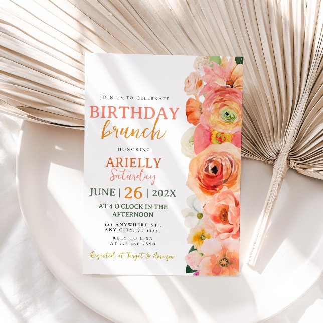 Ljus Korall Akvarell Blommig Födelsedagsbrunch Inbjudningar (Vibrant Coral Watercolor Floral Birthday Brunch Invitation)