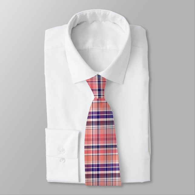 Ljus korall, marinblå, vit preppy Madras-karotröja Slips (Bunden)