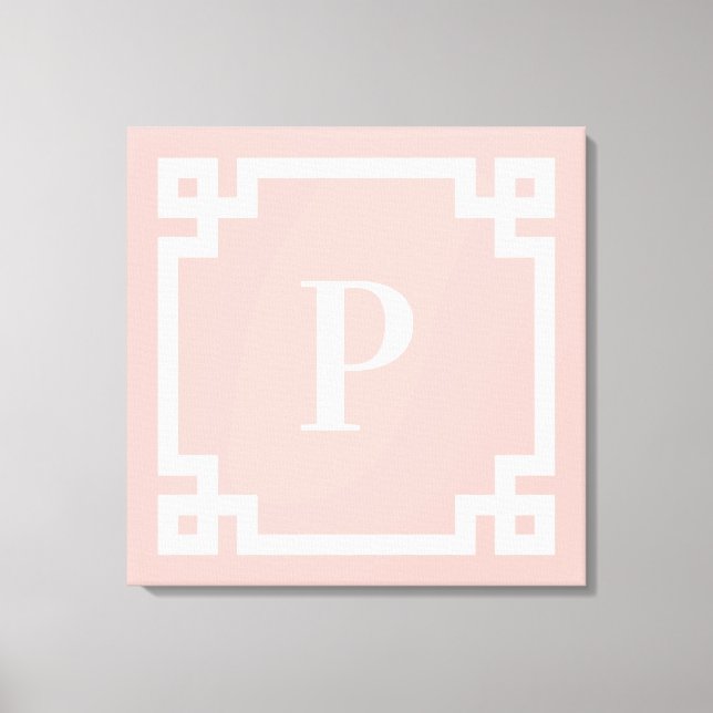Ljus korall rosa vit grekisk nyckel kant monogram canvastryck (Framsida)