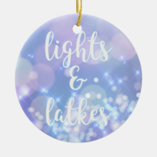 Ljus & Latkes - blåttSparkleslycklig Hanukkah Julgransprydnad Keramik