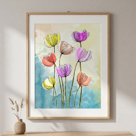 Ljus levande akvarellblomma Fin Linjeteckning Poster