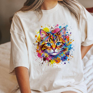 Ljus levande akvarellkatt Ansiktsfärg Sprutkonst T Shirt