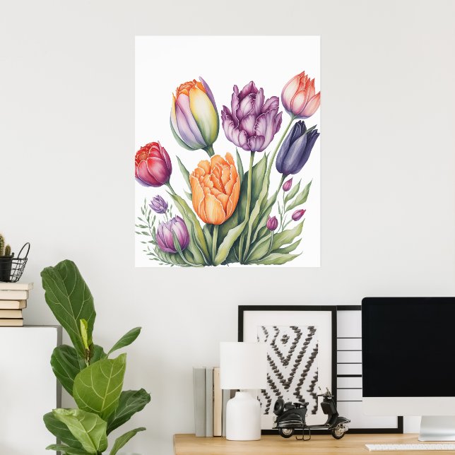 Ljus levande akvarellt tulpanbukett  poster (Hemmakontoret)