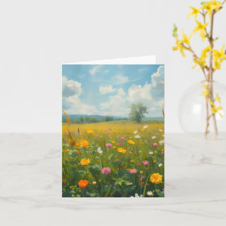 Ljus levande äng med vilda blommor i oljemålning s kort