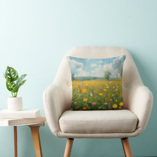 Ljus levande äng med vilda blommor i oljemålning s kudde