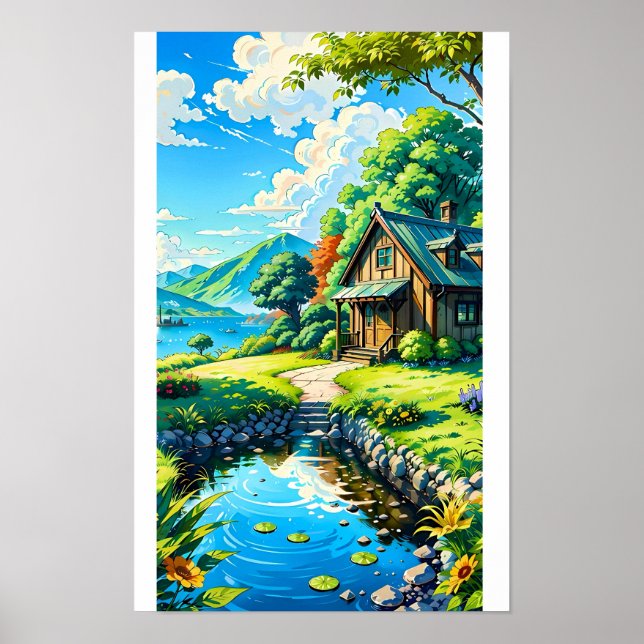 Ljus levande anime natur landskapsstuga ström affi poster (Framsidan)