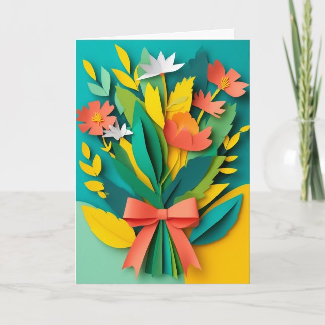 Ljus levande blommig bukett i klipp-papper-stil kort (Framsida)