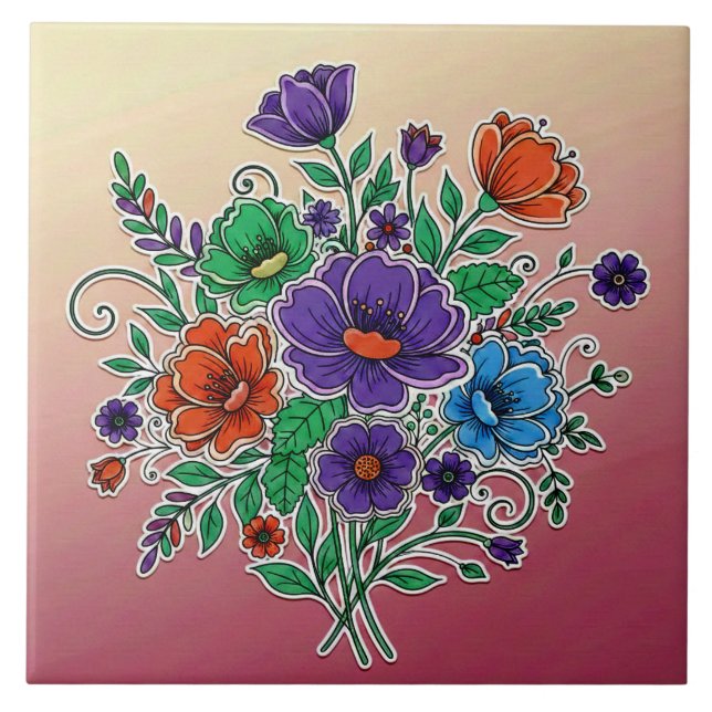 Ljus levande blomsterbukett illustration kakelplatta (Framsidan)