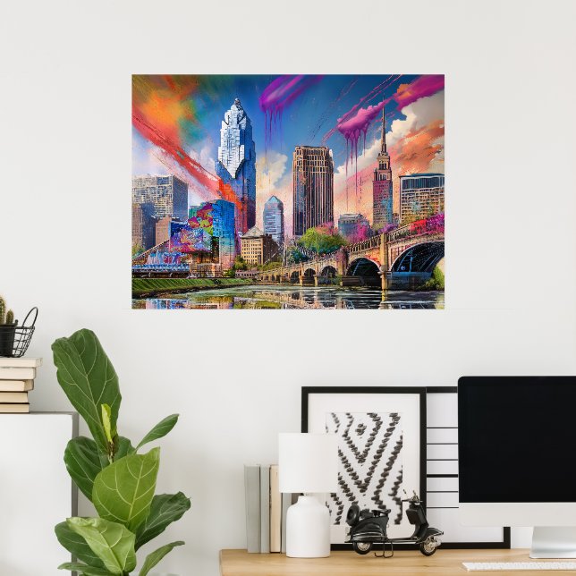 Ljus levande Cleveland Ohio Siluett Abstrakt Konst Poster (Hemmakontoret)