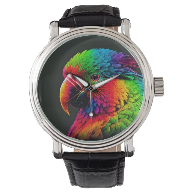 Ljus Levande Färgrik Exotisk Papegoja Profil Konst Armbandsur (Framsida)