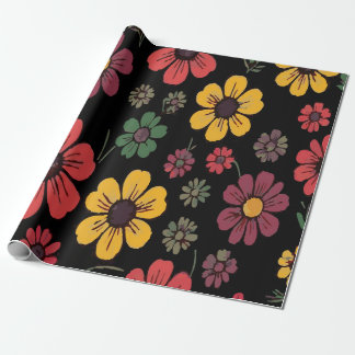 Ljus levande flerfärgad blommönster på svart bakgr presentpapper