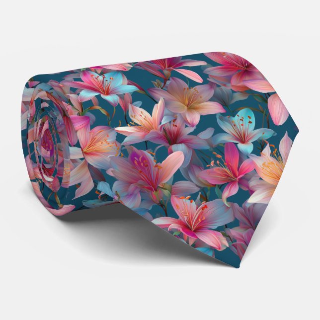 Ljus levande flerfärgad lilja blomster mönster slips (Rullad)