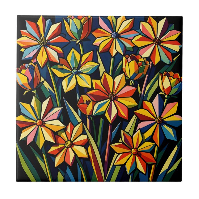 Ljus levande geometrisk regnbågsblomsterbukett kakelplatta (Framsidan)