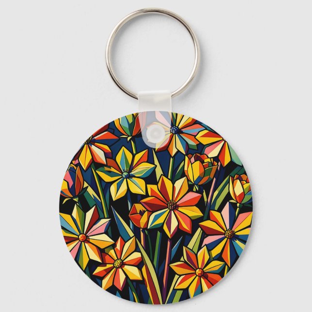 Ljus levande geometrisk regnbågsblomsterbukett nyckelring (Framsida)