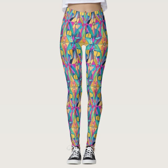 Ljus levande geometrisk symmetrisk mönster  leggings (Framsida)