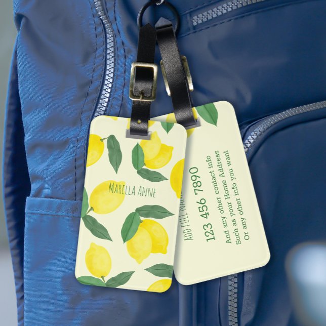 Ljus levande handritade gula citroner akvarell bagagebricka (Vibrant watercolor lemon luggage tag with custom name and contact info)