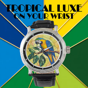 Ljus levande Macaw-papegoja och tropiska blad desi Armbandsur