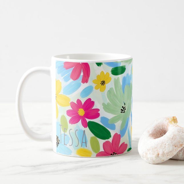 Ljus levande målerisk färgrik botanisk konst kaffemugg (Med munk)