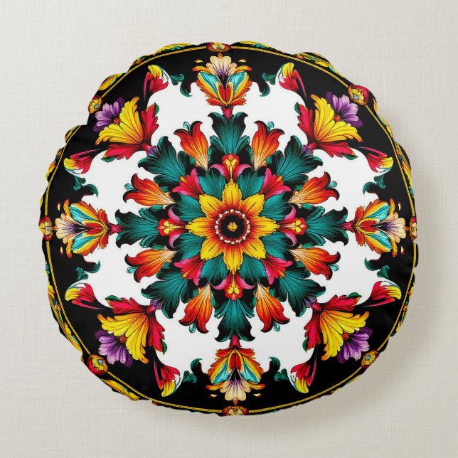 Ljus levande mandala-design rund kudde (Framsidan)