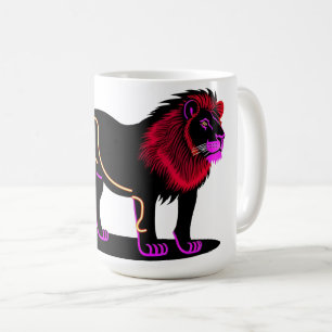 Ljus levande neonlysande lejonillustration med liv kaffemugg