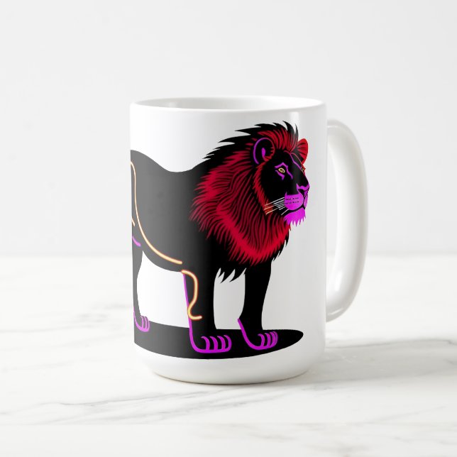 Ljus levande neonlysande lejonillustration med liv kaffemugg (Framsida höger)