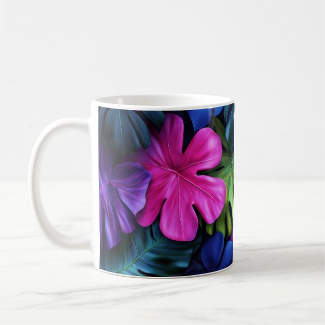 Ljus levande neontropiska Monstera blad bakgrund Kaffemugg (Vänster)