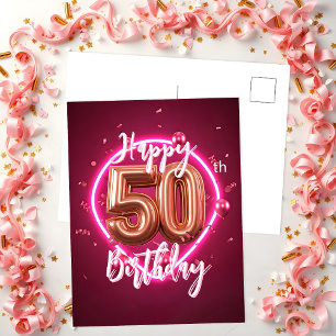 Ljus levande Rosa Guld och Rosa Neon 50-års Födels Vykort