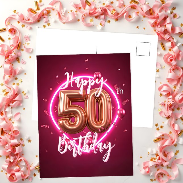 Ljus levande Rosa Guld och Rosa Neon 50-års Födels Vykort (Skapare uppladdad)