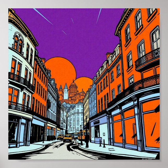Ljus levande stadsnedgång landskapsvy konstnärlig  poster (Framsidan)