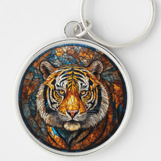 Ljus levande tiger Elegant glasmålning mozaik Rund Silverfärgad Nyckelring