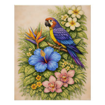 Ljus levande tropisk papegoja Macaw Botanisk Blomm