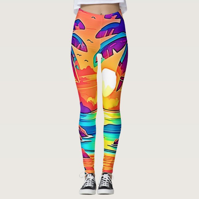 Ljus levande tropisk solnedgångskonst leggings (Framsida)