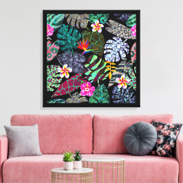 Ljus levande tropiska blad och blommor Mönster Canvastryck