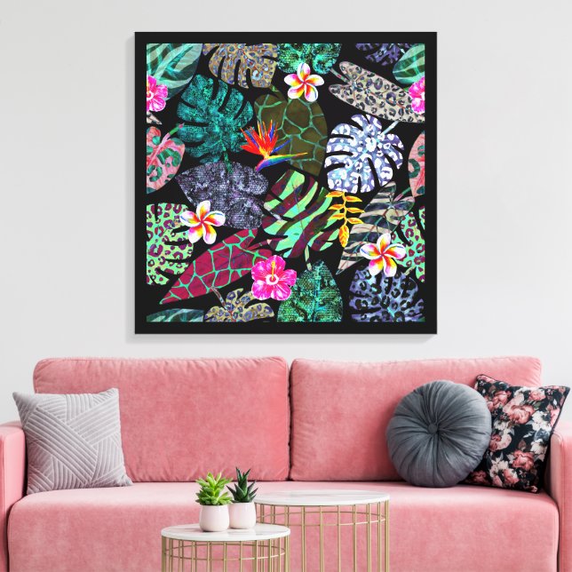 Ljus levande tropiska blad och blommor Mönster Canvastryck (Insitu (Vardagsrum))