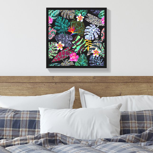Ljus levande tropiska blad och blommor Mönster Canvastryck (Insitu (sovrum))