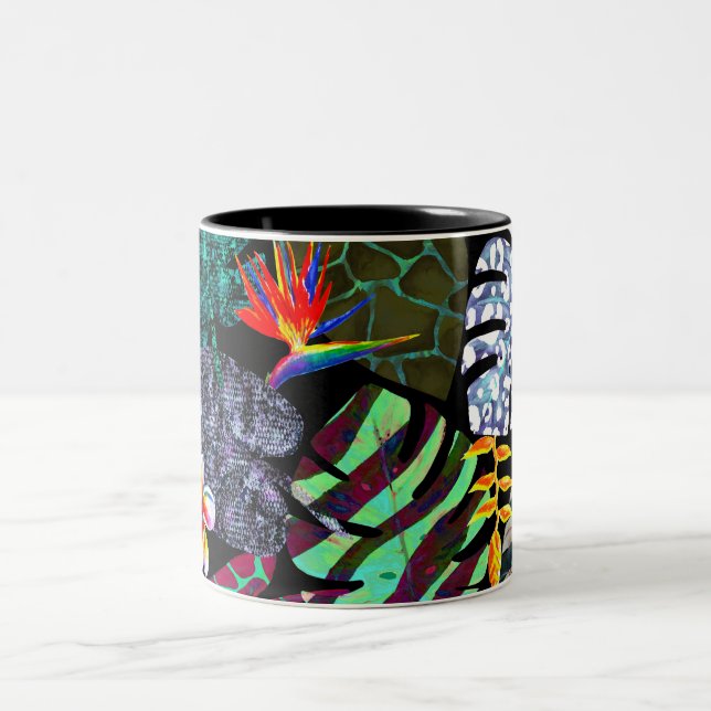 Ljus levande tropiska blad och blommor Mönster Två-Tonad Mugg (Center)