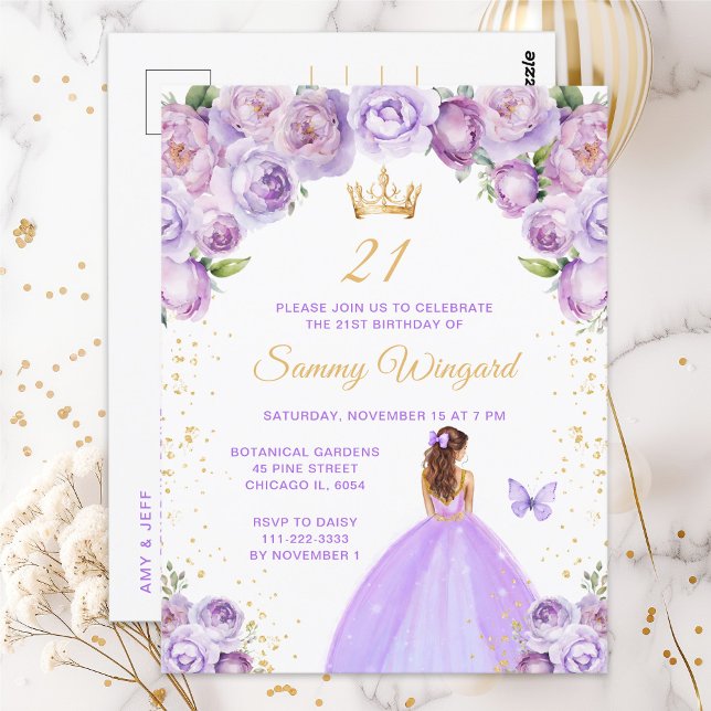 Ljus lila brunhårig prinsessfödelsedagsfest vykort (Skapare uppladdad)