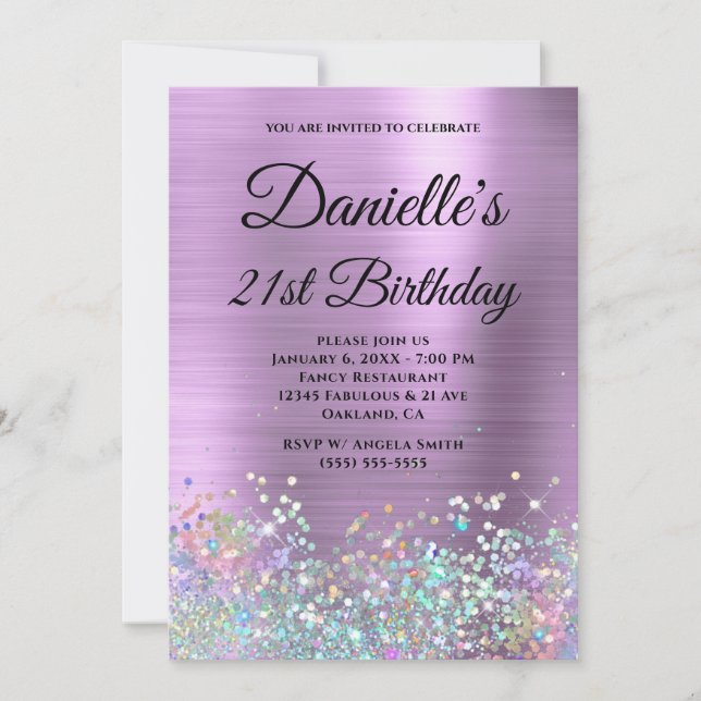 Ljus lila folie Holo Glitter Fancy Monogram Inbjudningar (Framsida)