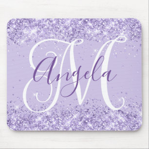 Ljus lila glitter elegant skriptmonogram musmatta